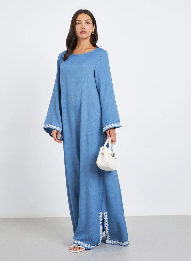 Styli Women Blue Lace Trim Slit Hem Jalabiya