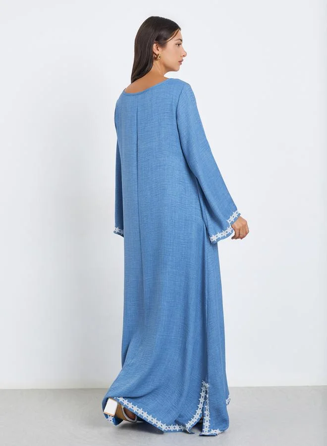 Styli  Women Blue Lace Trim Slit Hem Jalabiya for Women | Best Price UAE