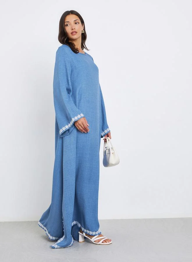 Styli  Women Blue Lace Trim Slit Hem Jalabiya for Women | Best Price UAE