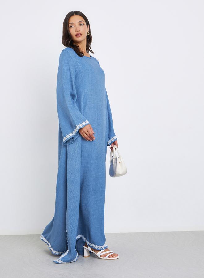 Styli Women Blue Lace Trim Slit Hem Jalabiya - Image 3