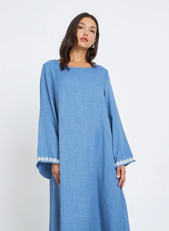 Styli Women Blue Lace Trim Slit Hem Jalabiya