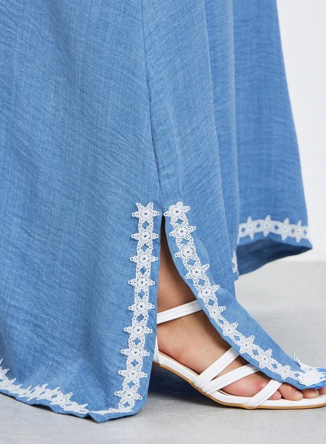 Styli  Women Blue Lace Trim Slit Hem Jalabiya for Women | Best Price UAE