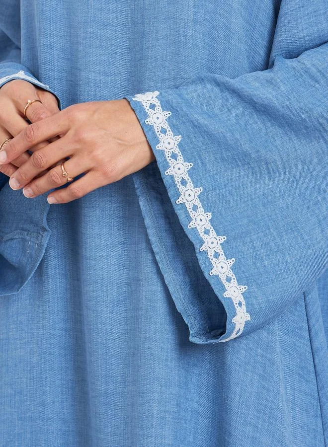 Styli  Women Blue Lace Trim Slit Hem Jalabiya for Women | Best Price UAE