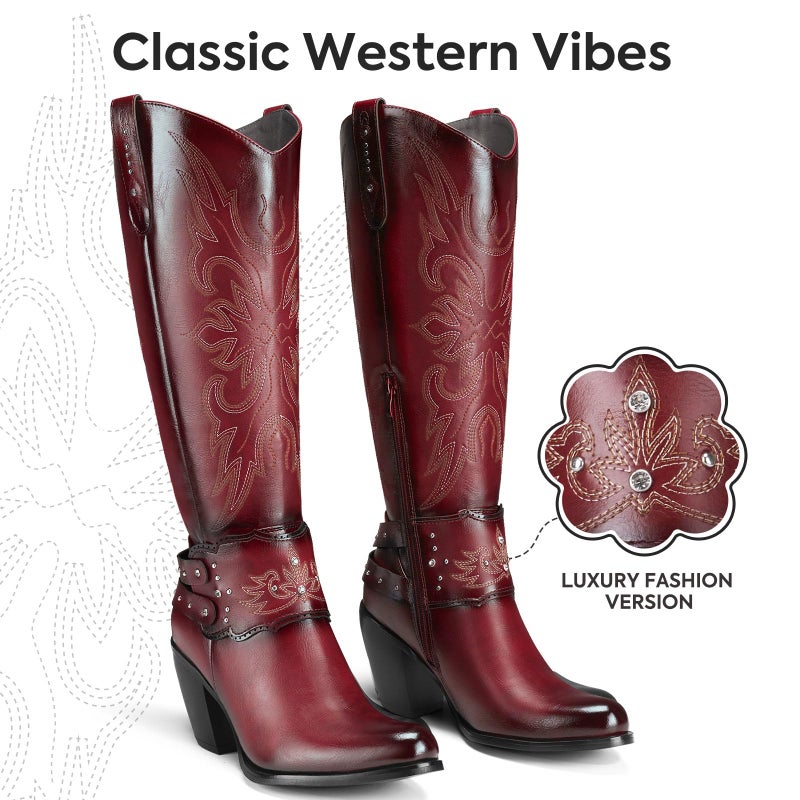 Rollda Cowboy Boots for Women, Cowgirl Boots Knee High, Ladies Tall Western Boots Rounded Toe Chunky Heel Pull on Zipper for Country Concert Party Women Boots Red Size 8 - Image 5