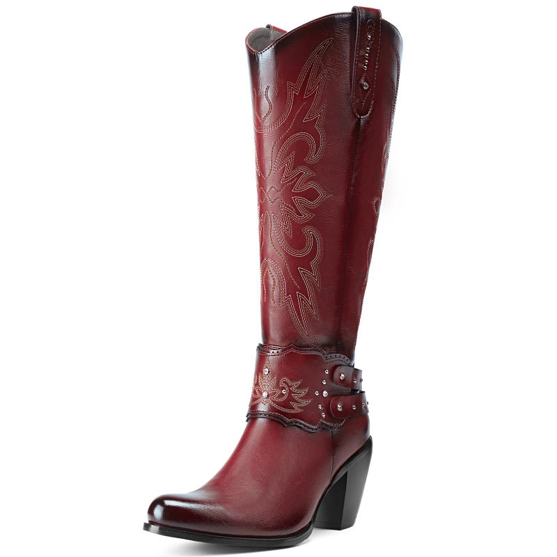 Rollda Cowboy Boots for Women, Cowgirl Boots Knee High, Ladies Tall Western Boots Rounded Toe Chunky Heel Pull on Zipper for Country Concert Party Women Boots Red Size 8 - Image 1