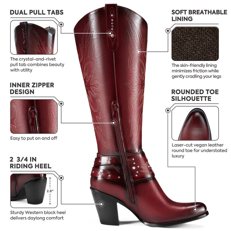 Rollda Cowboy Boots for Women, Cowgirl Boots Knee High, Ladies Tall Western Boots Rounded Toe Chunky Heel Pull on Zipper for Country Concert Party Women Boots Red Size 8 - Image 4