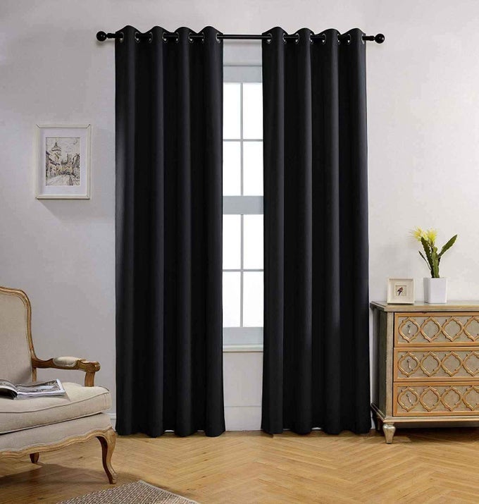 ROOM DARKENING TEXTURE LOOK BLACKOUT CURTAIN PANELS FOR OFFICE SET OF 2 52X95 INCH LONG BLACK