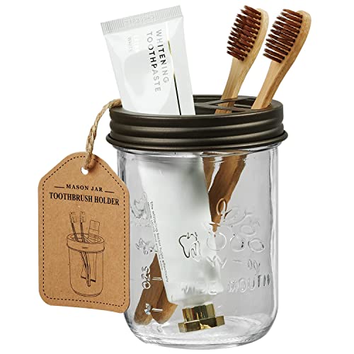 Amolliar Mason Jar Toothbrush Holder- Rustproof Stainless Steel - Holds 2 Toothbrushes and Toothpaste,with Chalkboard Labels - Farmhouse Décor Bathroom Countertop and Vanity Storage Organizer,Bronze - Image 1