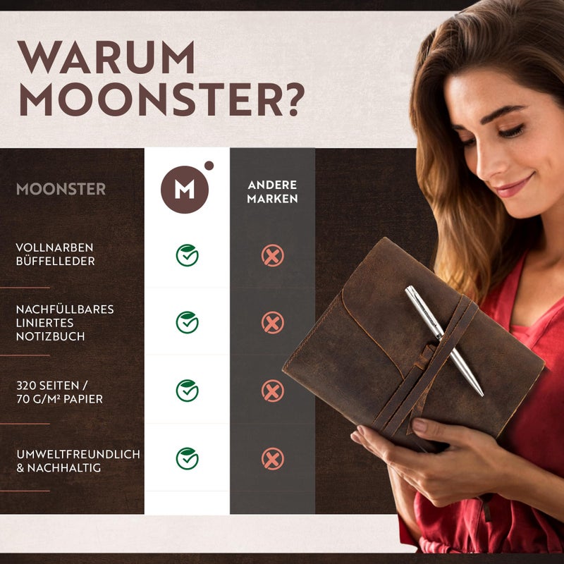 moonster Leather Journal Refillable Notebook - Writing Journals for Women, Mens Journal Leather Notebook Cover with Pen - Leather Bound Lined Paper A5 Travelers Diary - Travel Journal for Writing - Image 5