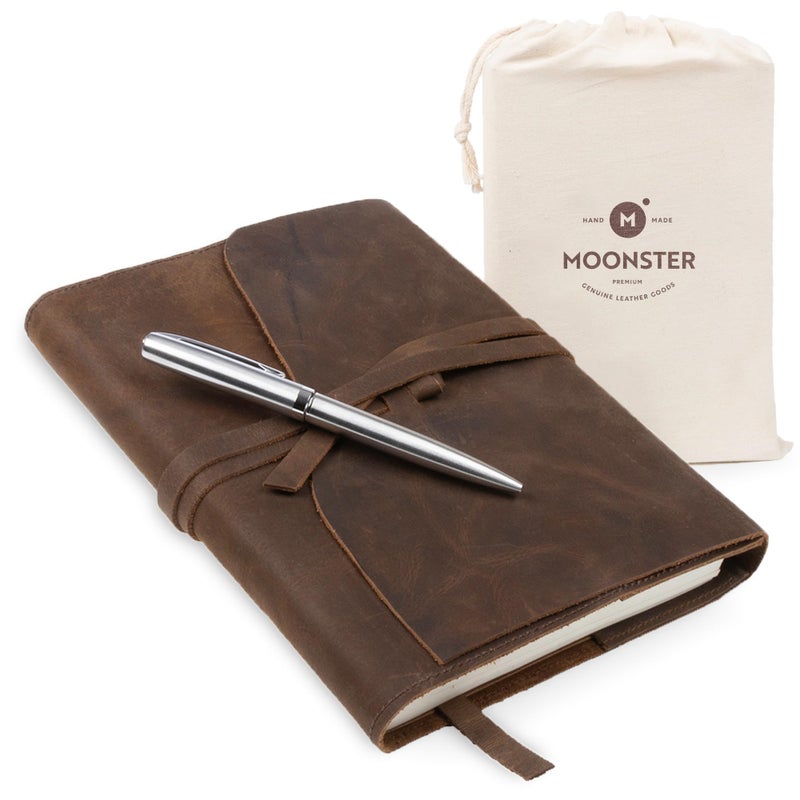 moonster Leather Journal Refillable Notebook - Writing Journals for Women, Mens Journal Leather Notebook Cover with Pen - Leather Bound Lined Paper A5 Travelers Diary - Travel Journal for Writing - Image 1