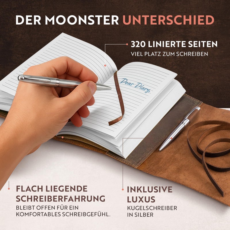moonster Leather Journal Refillable Notebook - Writing Journals for Women, Mens Journal Leather Notebook Cover with Pen - Leather Bound Lined Paper A5 Travelers Diary - Travel Journal for Writing - Image 3
