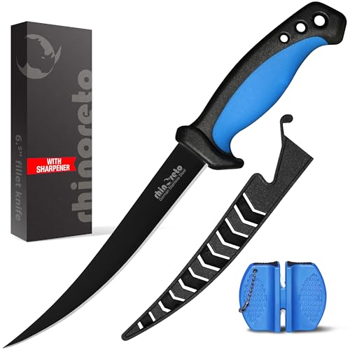 Rhinoreto Fillet Knife for Fish, Razor Sharp Flexible German Stainless Steel Blade 5-9 inch, Professional Knives for Filleting and Boning, with Non-Slip Handle, Protective Sheath and Sharpener set - Image 1