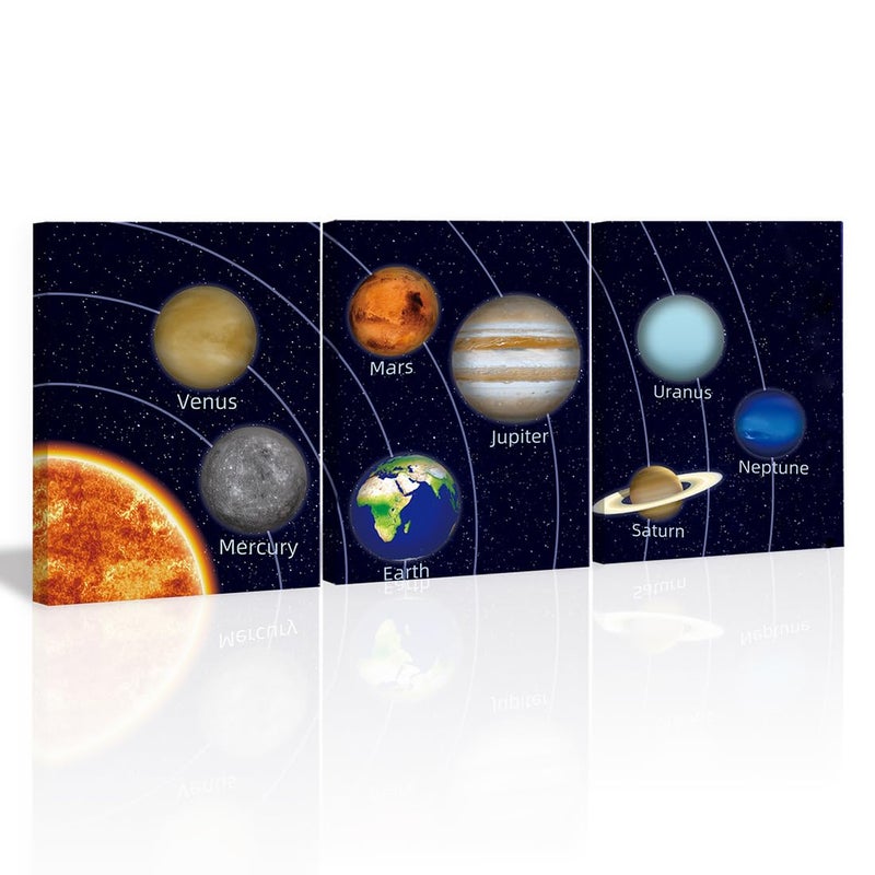 KAIRNE Boys Space Room Decor Framed Outer Space Wall Art Set of 3 12X16inch Kids Picture Planets Pictures Solar System Educational Teaching Poster for Boys Room Nursery Children Playroom Decor