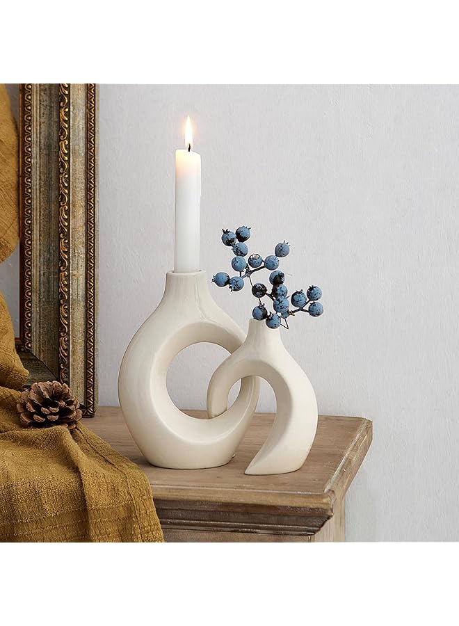 White Ceramic Candle Holder, Modern Candle Holder for Table, Minimalist Candle Holders for Living Room, Decorative Taper Candle Holder for Wedding, Dinner, Party, Diwali, Ivory