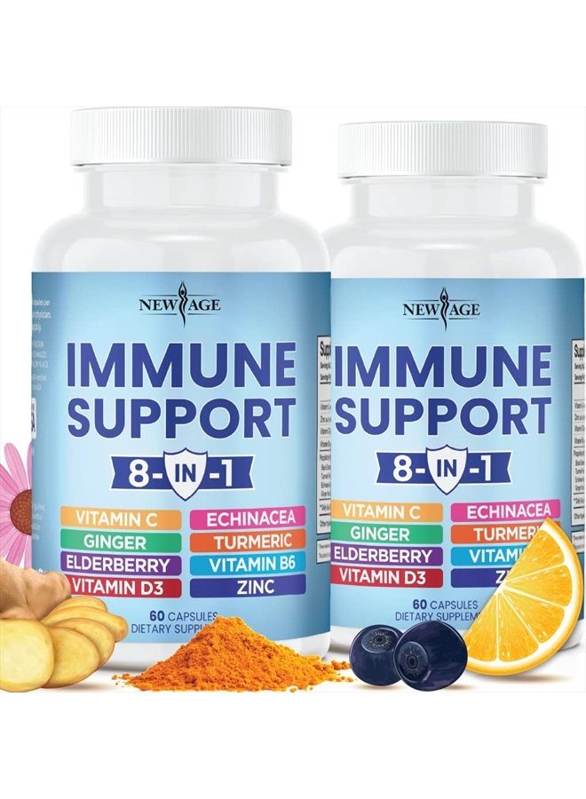 New Age 8 in 1 Immune Support Booster Supplement with Elderberry, Vitamin C and Zinc 50mg, Vitamin D 5000 IU, Turmeric Curcumin & Ginger, B6, Echinacea 120 Count (Pack of 2)  - Image 1