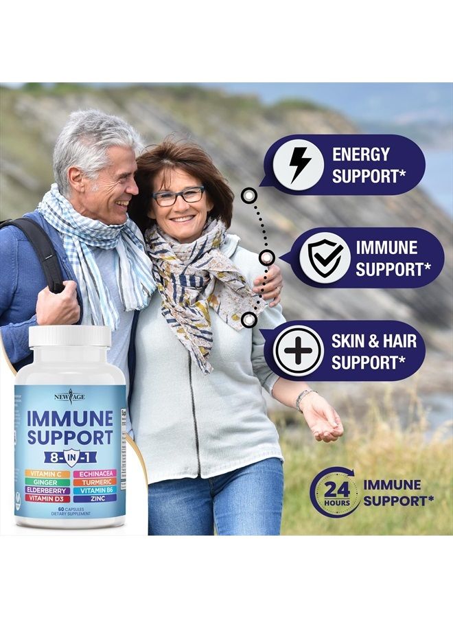 New Age 8 in 1 Immune Support Booster Supplement with Elderberry, Vitamin C and Zinc 50mg, Vitamin D 5000 IU, Turmeric Curcumin & Ginger, B6, Echinacea 120 Count (Pack of 2)  - Image 3