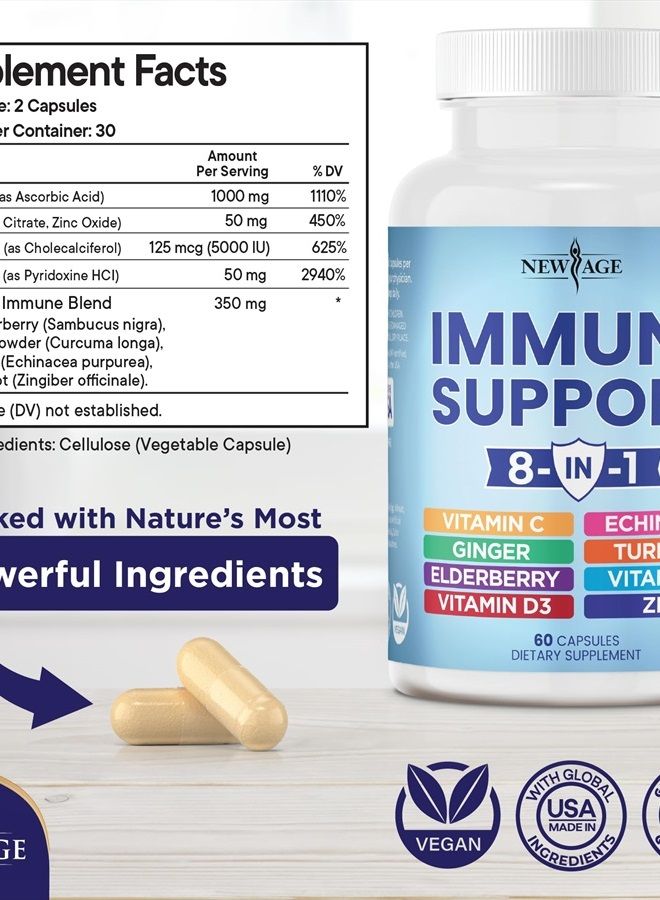 New Age 8 in 1 Immune Support Booster Supplement with Elderberry, Vitamin C and Zinc 50mg, Vitamin D 5000 IU, Turmeric Curcumin & Ginger, B6, Echinacea 120 Count (Pack of 2)  - Image 2