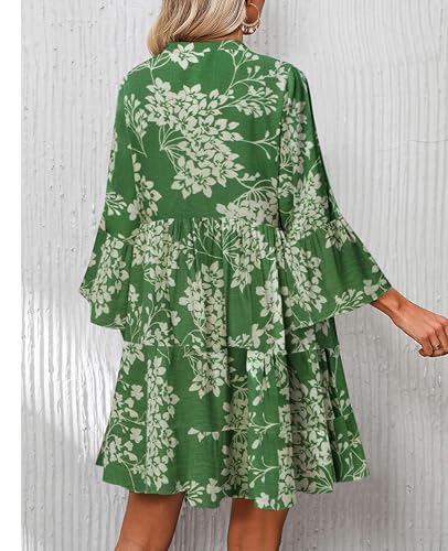 SELINK Womens Long Sleeve Dresses Casual V Neck Tribal Print Button Flowy Boho Mini Beach Dress Green Floral-XXL - Image 2