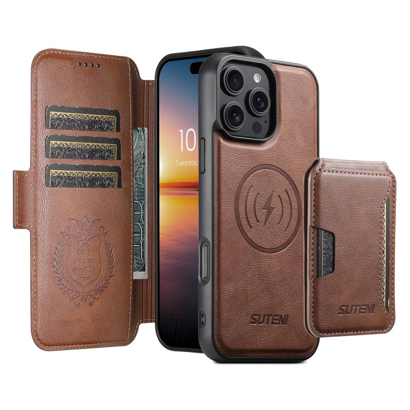 Suteni For Iphone 14 Pro Q06S3 3-In-1 Splicing Detachable Vertical Flip Wallet Magsafe Leather Phone Case(Brown) - Image 2