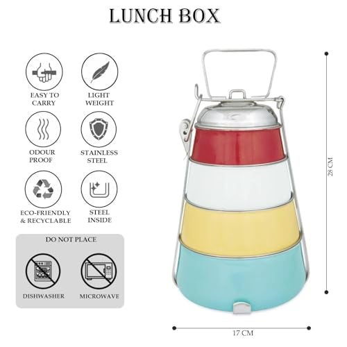 Elan Stainless Steel Tiffin Box, Lunch Box for Office, 4 Compartments, Aqua-Yellow-White-Red, 1470 ml - Image 5