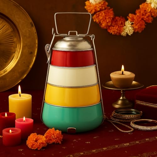 Elan Stainless Steel Tiffin Box, Lunch Box for Office, 4 Compartments, Aqua-Yellow-White-Red, 1470 ml - Image 2