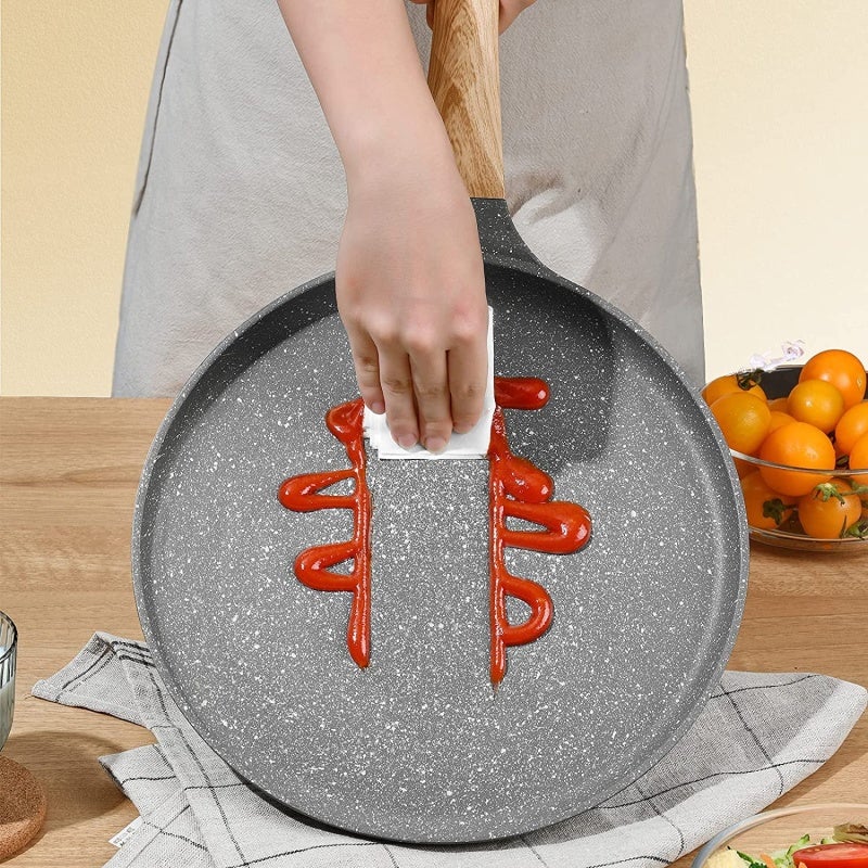 Frying Pan 24cm Grey: Temperature Sensing Ring Non-stick - Non-slip Wood Handle Versatile Pan for Home Cooking Professional Kitchen Use - Image 4