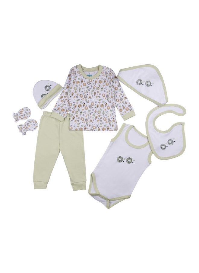 Babies Basic 7 Piece Unisex 100% Cotton Gift Set Include Bib, Pyjama, Mitten, Cap, Romper, Top And Bottom Set  - Image 1