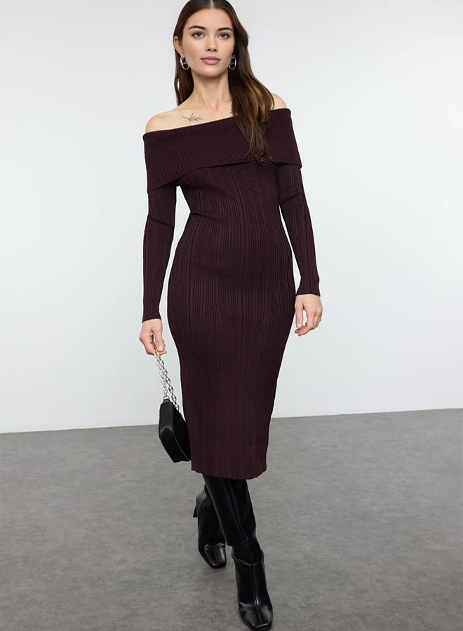trendyol Plum Midi Knit Basic Carmen Collar Dress - Image 1