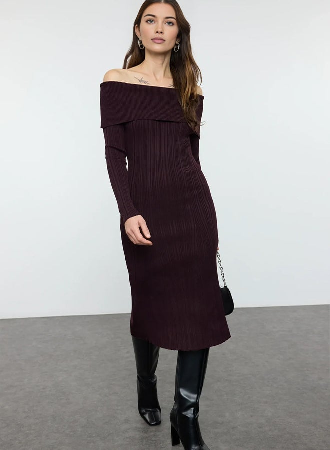 trendyol Plum Midi Knit Basic Carmen Collar Dress - Image 2