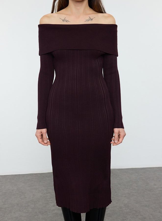 trendyol Plum Midi Knit Basic Carmen Collar Dress - Image 3