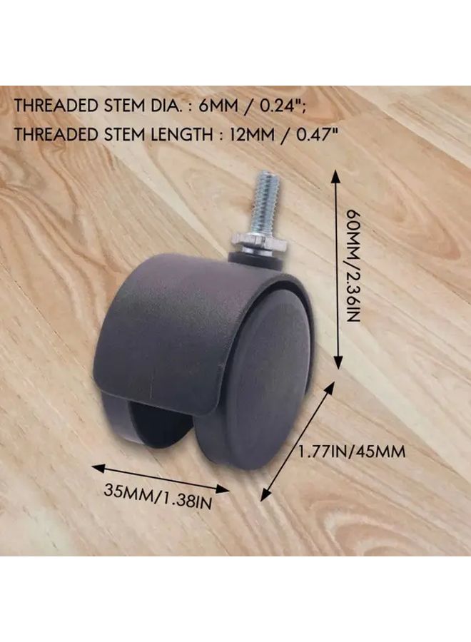 4Pcs Black Heavy Duty Swivel Casters 40mm Dual Wheel 6mm Threaded Stem PVC Industrial - Image 3