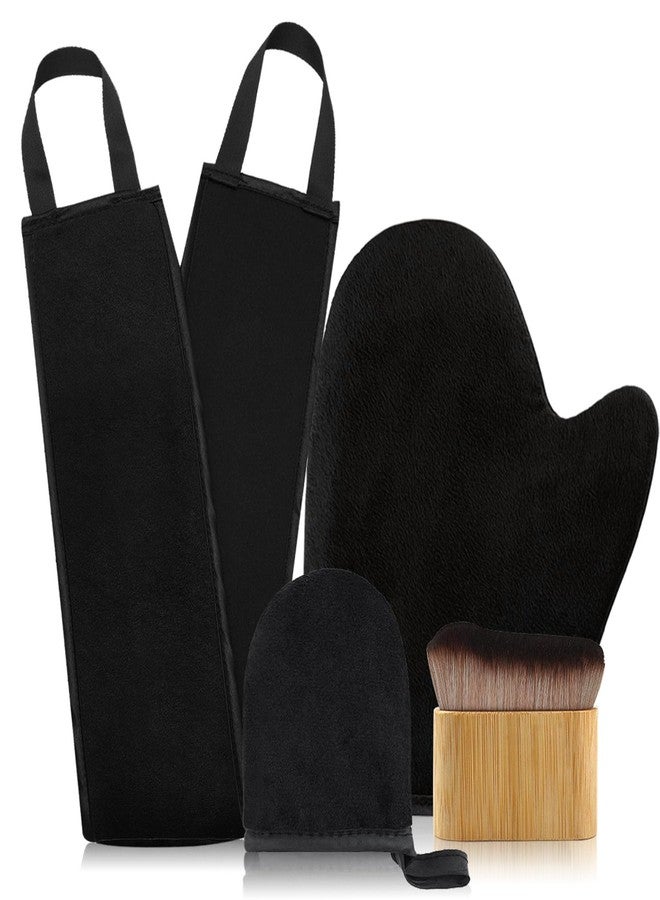 FUNAN Self Tanning Application Kit, 4-Piece Set with Back Applicator, Mini Mitt, Tanning Mitts and Ultra Soft Self Tanner Brush Bamboo Kabuki Brush, Black - Image 1