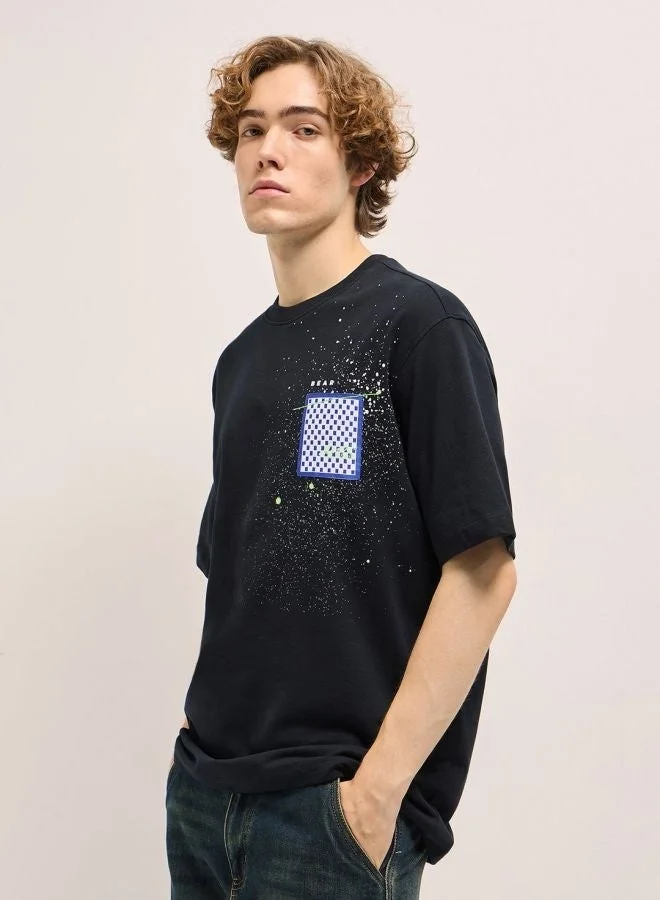THE BEAR HOUSE Men's Black Oversize splatter paint effect Crew Neck T-shirt Perfect For Casual Wear, Gym, Travel, Or Layering Stylish And Versatile Essential For Every Wardrobe