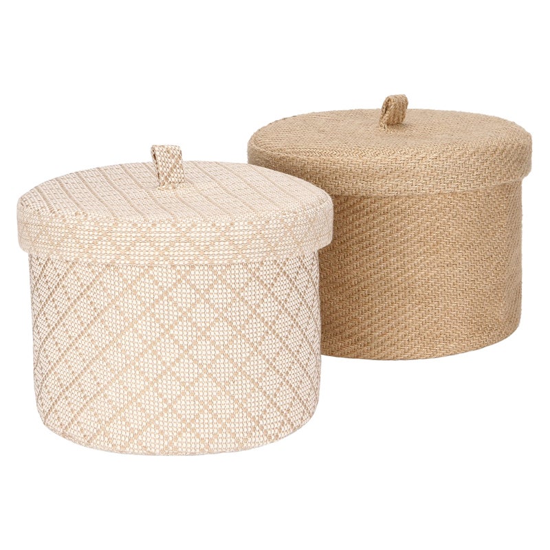 Sea Team 2 Pack Jute and Cotton Linen Storage Basket Cute Round Box for Toiletry Toy Sundry Item 5 Liters Desk Gadget Organizer with LidMedium B