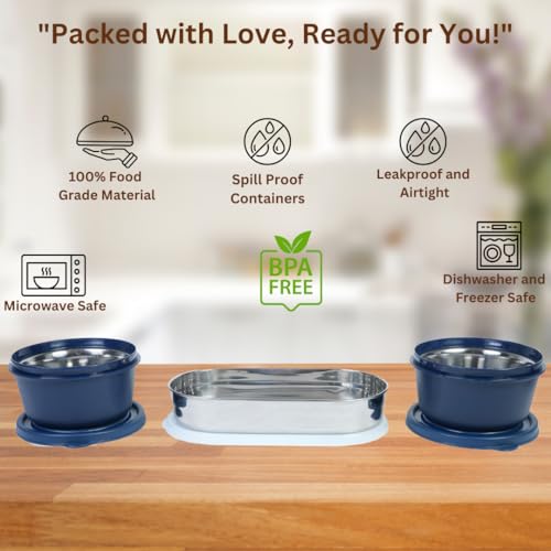 KOI TiffinPro Stainless Steel Tiffen Box for Office Set | Microwave Safe & Leakproof | Tiffin Box for Men | Insulated Bag, Spoon, 2 Containers 450ml & Oval Container 400ml | Blue - Image 3