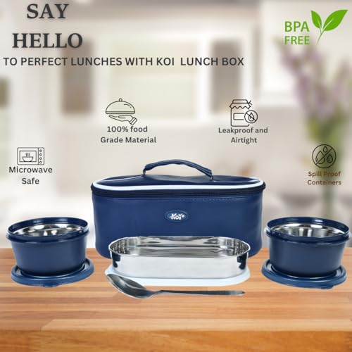 KOI TiffinPro Stainless Steel Tiffen Box for Office Set | Microwave Safe & Leakproof | Tiffin Box for Men | Insulated Bag, Spoon, 2 Containers 450ml & Oval Container 400ml | Blue - Image 2