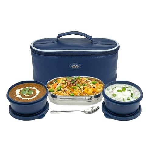 KOI TiffinPro Stainless Steel Tiffen Box for Office Set | Microwave Safe & Leakproof | Tiffin Box for Men | Insulated Bag, Spoon, 2 Containers 450ml & Oval Container 400ml | Blue - Image 1