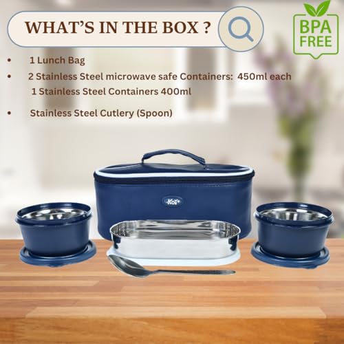 KOI TiffinPro Stainless Steel Tiffen Box for Office Set | Microwave Safe & Leakproof | Tiffin Box for Men | Insulated Bag, Spoon, 2 Containers 450ml & Oval Container 400ml | Blue - Image 4