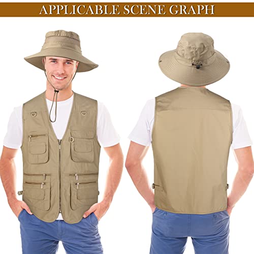 Janmercy 2 Pieces Mens Work Fishing Vest with Hat Lightweight Safari Travel Hunting Waistcoat With Multi Pockets Fishing Hat Dark KhakiS - Image 3
