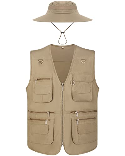 Janmercy 2 Pieces Mens Work Fishing Vest with Hat Lightweight Safari Travel Hunting Waistcoat With Multi Pockets Fishing Hat Dark KhakiS - Image 1
