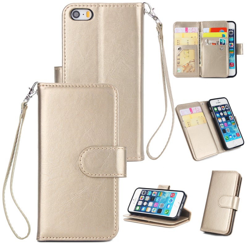 Generic (Unbranded) For iPhone 5/5S/SE PU Cell Phone Case Protective Leather Cover with Buckle & 9 Card Position Lanyard Bracket gold - Image 1
