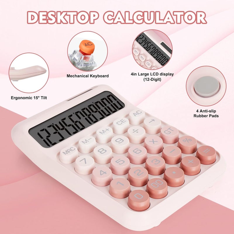 Large Button Mechanical Calculator, Office Calculator, 12 Digits, Solar Cell Power Supply, Large LCD Display Screen, Cute Pink Calculator, Suitable for Teacher and Student Offices - Image 4