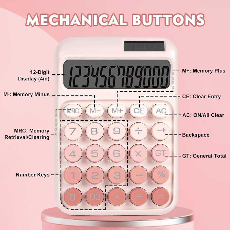 Large Button Mechanical Calculator, Office Calculator, 12 Digits, Solar Cell Power Supply, Large LCD Display Screen, Cute Pink Calculator, Suitable for Teacher and Student Offices - Image 5