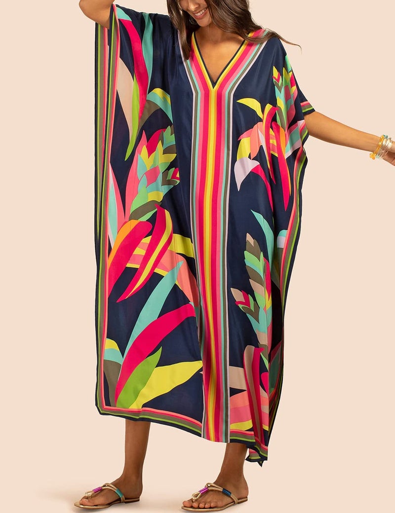 Eddoyee Kaftan Dresses for Women Batwing Sleeve Caftans Plus Size V Neck Beach Cover Up - Image 2