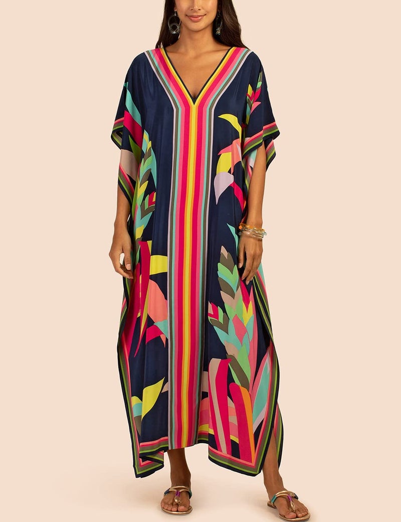 Eddoyee Kaftan Dresses for Women Batwing Sleeve Caftans Plus Size V Neck Beach Cover Up - Image 5