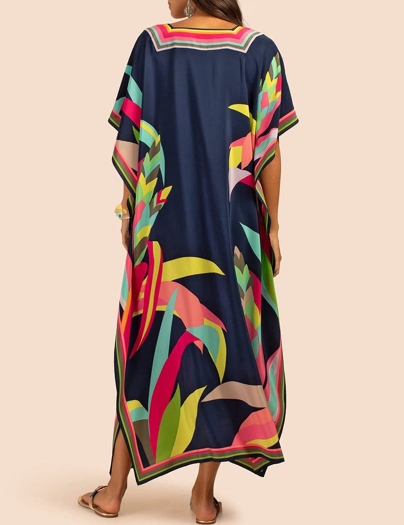 Eddoyee Kaftan Dresses for Women Batwing Sleeve Caftans Plus Size V Neck Beach Cover Up - Image 3
