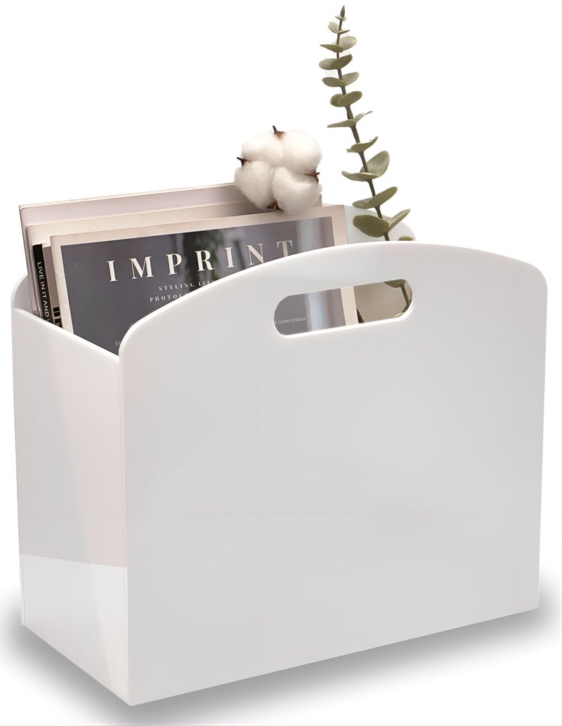 Meicloud White Magazine Holder Acrylic Magazine Rack Floor Newspaper Stand with handles Modern Lucite Magazine and Book Basket Box for Bathroom Bedroom Living Room - Image 2