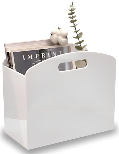 Meicloud White Magazine Holder Acrylic Magazine Rack Floor Newspaper Stand with handles Modern Lucite Magazine and Book Basket Box for Bathroom Bedroom Living Room - Image 1