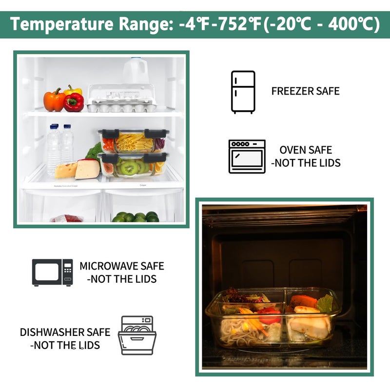 HOMBERKING 8 Pack Glass Meal Prep Containers 3 Compartment, 36oz Glass Food Storage Containers with Lids, Airtight Lunch Bento Boxes, BPA-Free & Leak Proof (8 lids & 8 Container) - Black - Image 4