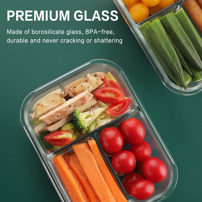 HOMBERKING 8 Pack Glass Meal Prep Containers 3 Compartment, 36oz Glass Food Storage Containers with Lids, Airtight Lunch Bento Boxes, BPA-Free & Leak Proof (8 lids & 8 Container) - Black - Image 5